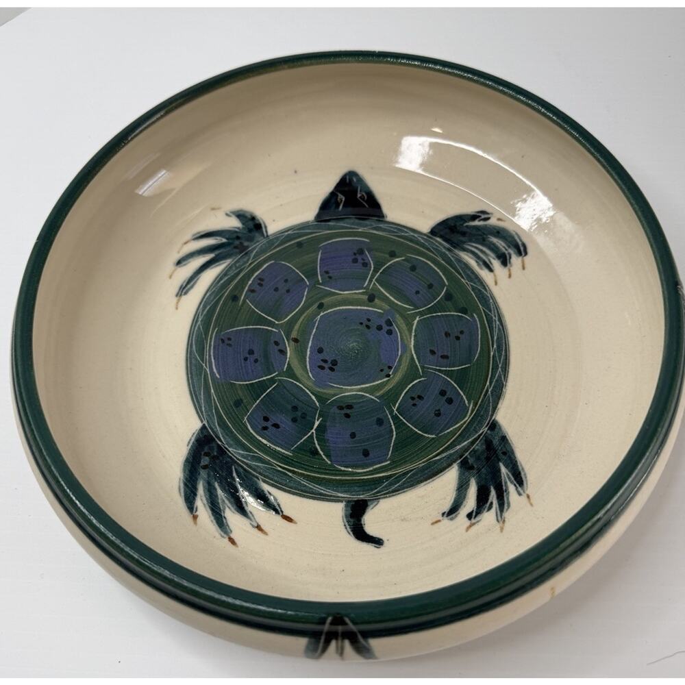 Vintage Yoder Pottery Bowl Sea Turtle Hand Painted Tropical Beachy Ocean Signed
